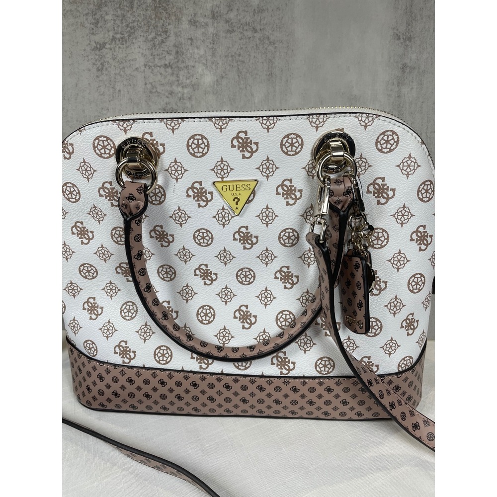 Guess Bella Vita Dome Satchel Handbag White Brown Logo Print Convertible Strap - Picture 3 of 15